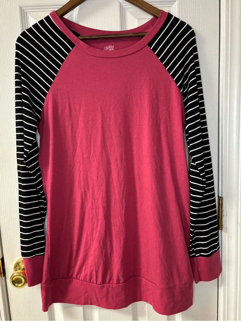 Tickled Teal Pink Raglan Sweatshirt with Black Striped Sleeves